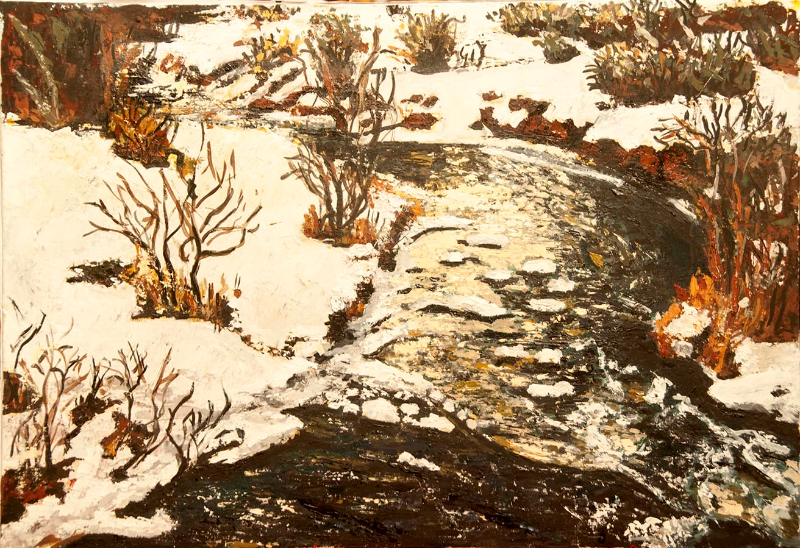 Peisaj de iarna cu rau - ulei pe carton panzat, 35x50 cm